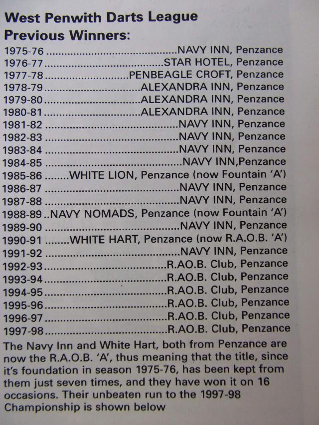 West Penwith Darts league winners 1975-76 to 1997-98